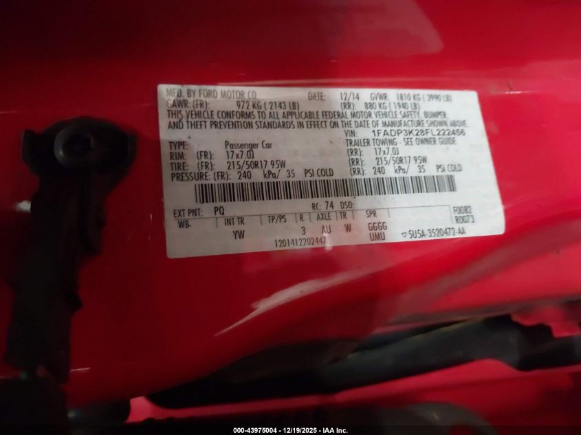 2015 Ford Focus Se VIN: 1FADP3K28FL222456 Lot: 43975004