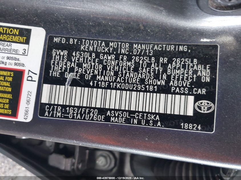 2013 Toyota Camry Se VIN: 4T1BF1FK0DU295181 Lot: 43975008