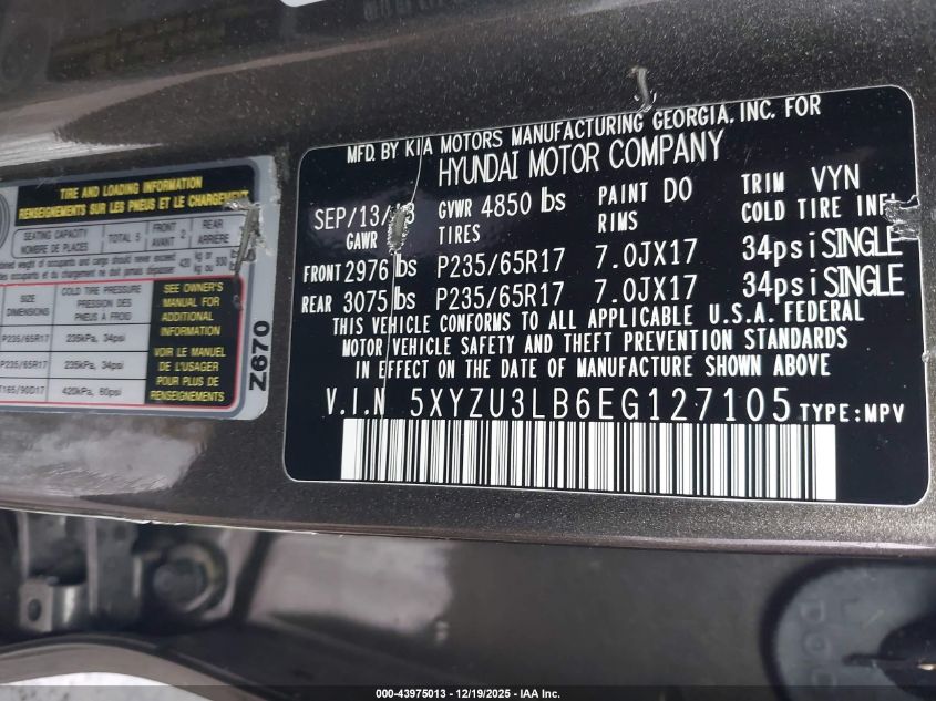 2014 Hyundai Santa Fe Sport 2.4L VIN: 5XYZU3LB6EG127105 Lot: 43975013