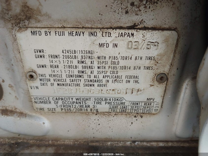 1990 Subaru Legacy L/Hx/Px/Rx VIN: JF2BJ63C3LG907773 Lot: 43975015