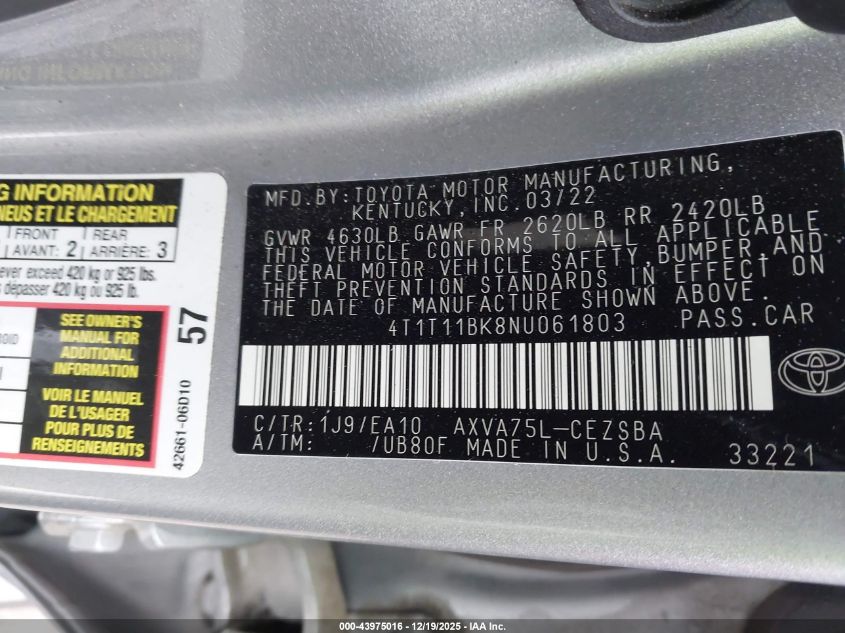 2022 Toyota Camry Se Awd VIN: 4T1T11BK8NU061803 Lot: 43975016