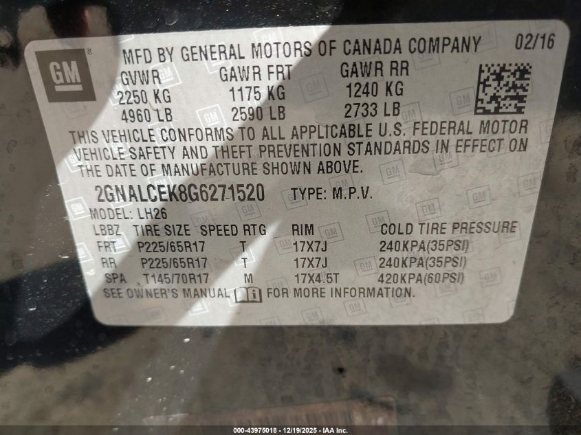 2016 Chevrolet Equinox Lt VIN: 2GNALCEK8G6271520 Lot: 43975018