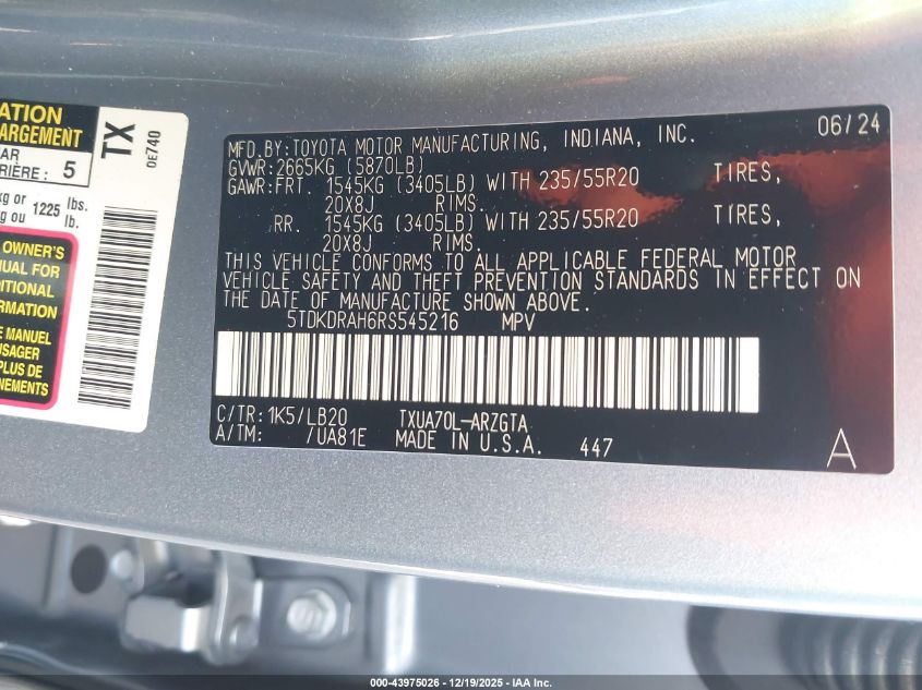 2024 Toyota Highlander Limited VIN: 5TDKDRAH6RS545216 Lot: 43975026