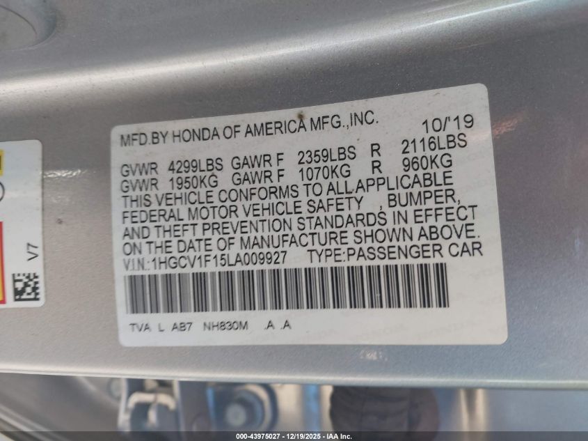 2020 Honda Accord Lx VIN: 1HGCV1F15LA009927 Lot: 43975027