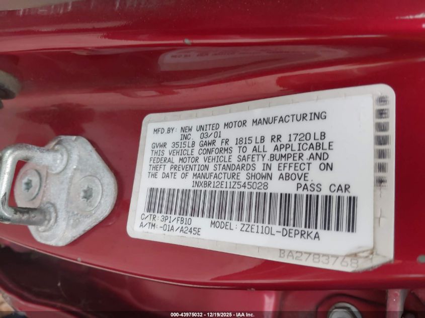 2001 Toyota Corolla Ce VIN: 1NXBR12E11Z545028 Lot: 43975032