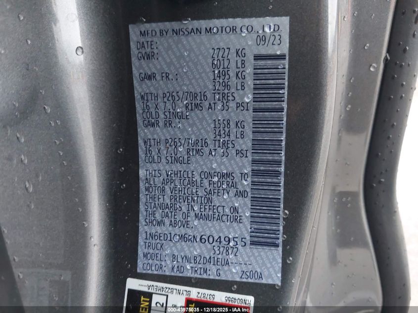 2024 Nissan Frontier King Cab Sv 4X4 VIN: 1N6ED1CM6RN604955 Lot: 43975035