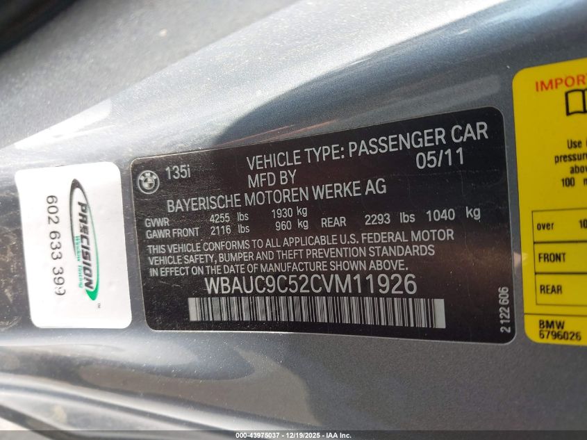 2012 BMW 135I VIN: WBAUC9C52CVM11926 Lot: 43975037
