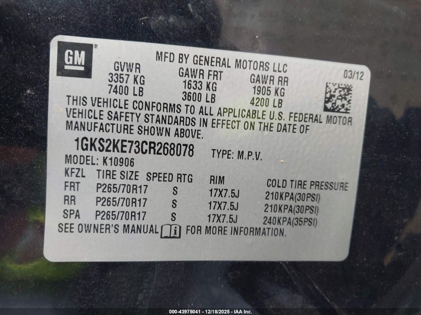 2012 GMC Yukon Xl 1500 Slt VIN: 1GKS2KE73CR268078 Lot: 43975041