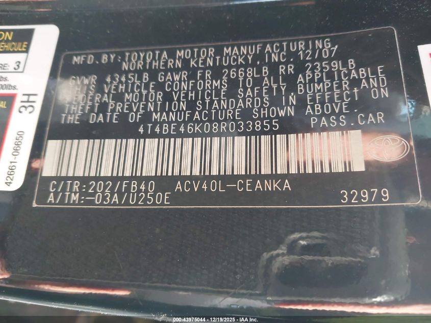 2008 Toyota Camry Le VIN: 4T4BE46K08R033855 Lot: 43975044