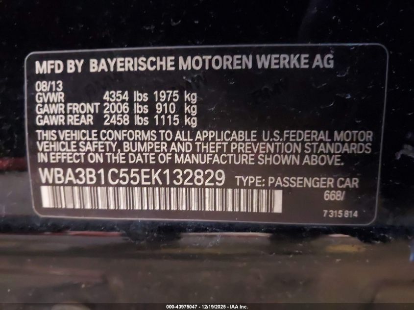 2014 BMW 320I VIN: WBA3B1C55EK132829 Lot: 43975047