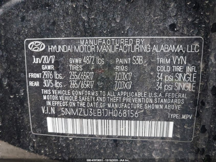 2018 Hyundai Santa Fe Sport 2.4L VIN: 5NMZU3LB1JH068156 Lot: 43975051