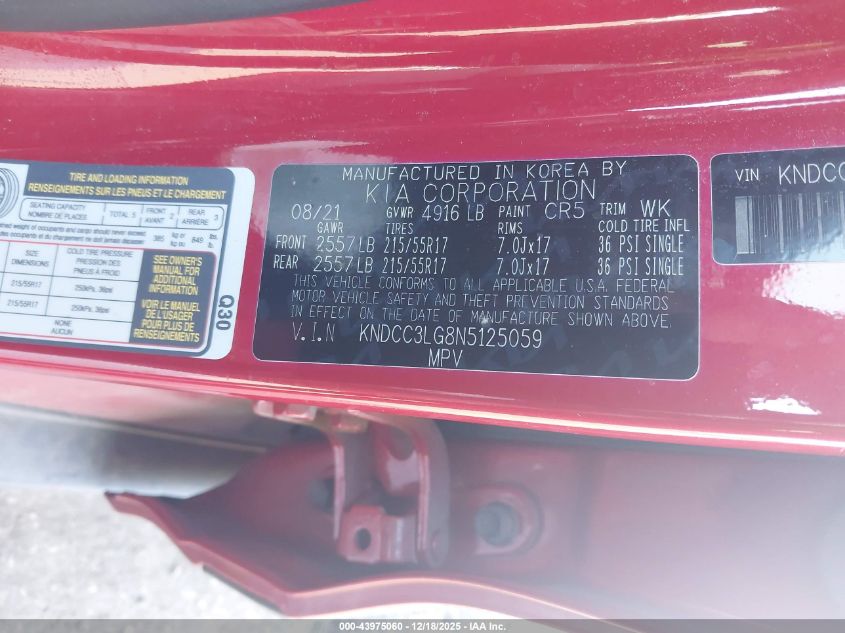 2022 Kia Niro Ev Ex VIN: KNDCC3LG8N5125059 Lot: 43975060