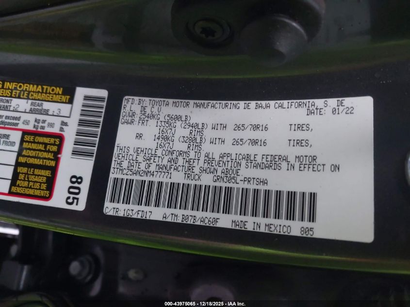 2022 Toyota Tacoma Trd Off Road VIN: 3TMCZ5AN2NM477771 Lot: 43975065