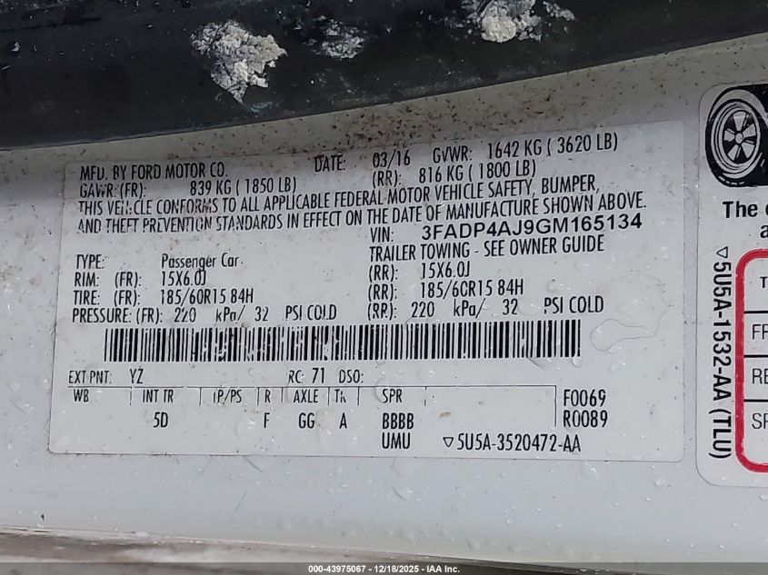 2016 Ford Fiesta S VIN: 3FADP4AJ9GM165134 Lot: 43975067