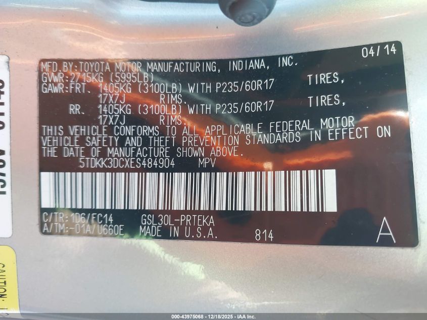 2014 Toyota Sienna Le V6 8 Passenger VIN: 5TDKK3DCXES484904 Lot: 43975068