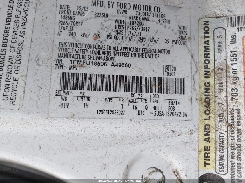 2006 Ford Expedition Eddie Bauer/King Ranch VIN: 1FMFU18506LA49660 Lot: 43975070