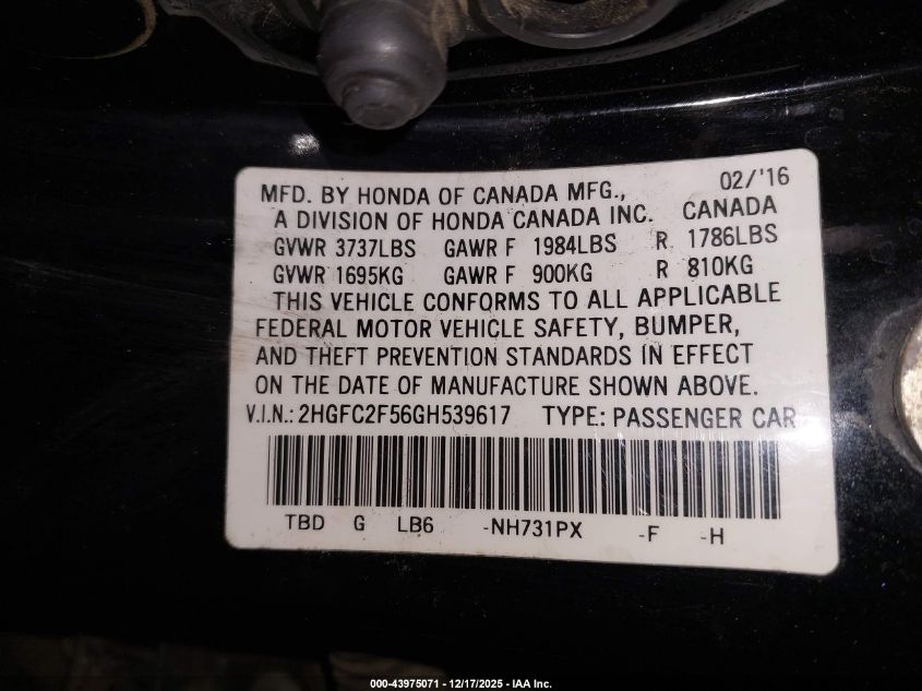 2016 Honda Civic Lx VIN: 2HGFC2F56GH539617 Lot: 43975071