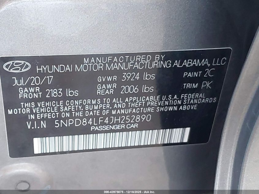 2018 Hyundai Elantra Sel VIN: 5NPD84LF4JH252890 Lot: 43975075