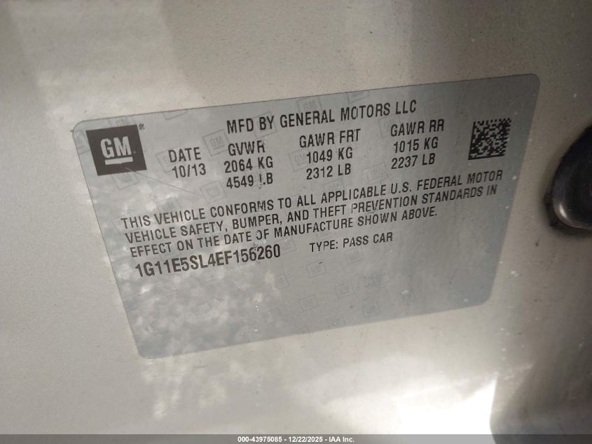 2014 Chevrolet Malibu 2Lt VIN: 1G11E5SL4EF156260 Lot: 43975085