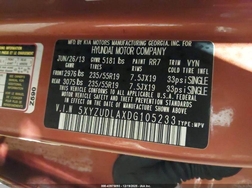 2013 Hyundai Santa Fe Sport 2.0T VIN: 5XYZUDLAXDG105233 Lot: 43975093