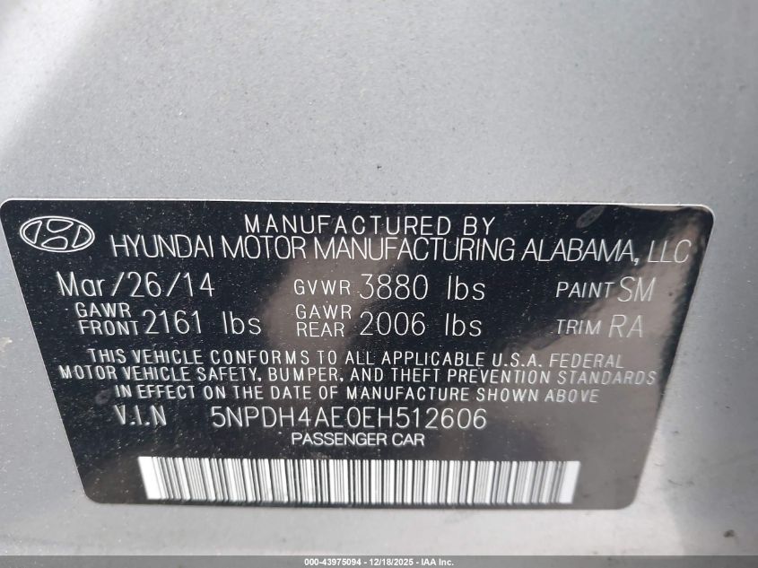 2014 Hyundai Elantra Se VIN: 5NPDH4AE0EH512606 Lot: 43975094