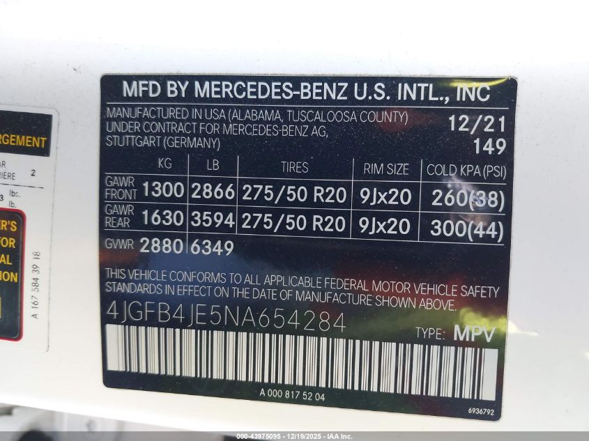 2022 Mercedes-Benz Gle 350 VIN: 4JGFB4JE5NA654284 Lot: 43975095