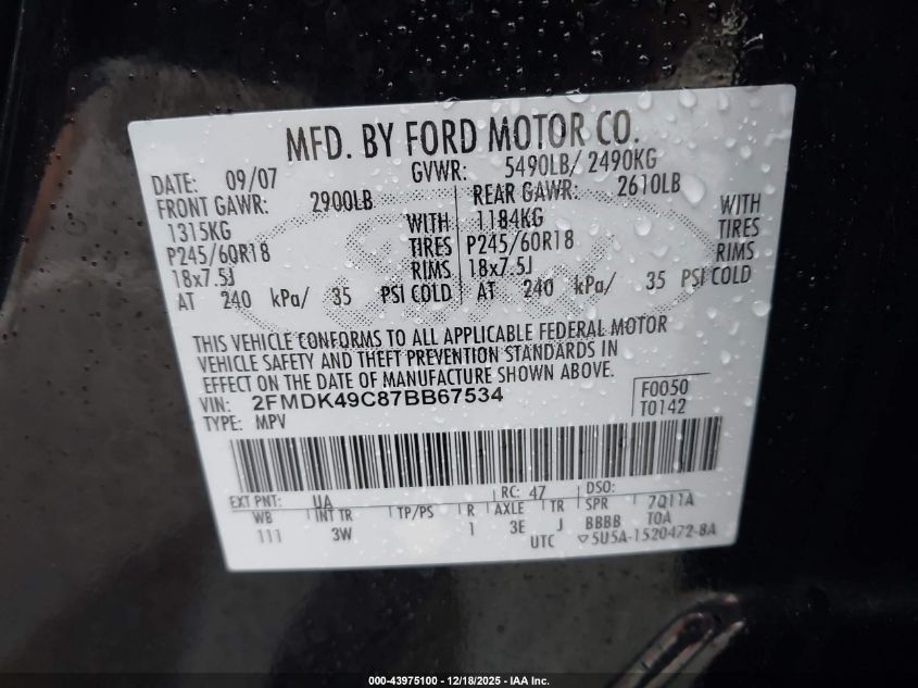 2007 Ford Edge Sel Plus VIN: 2FMDK49C87BB67534 Lot: 43975100