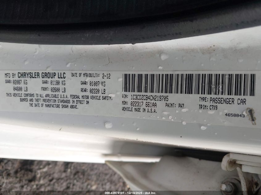 2012 Dodge Avenger Sxt VIN: 1C3CDZCB4CN219705 Lot: 43975101