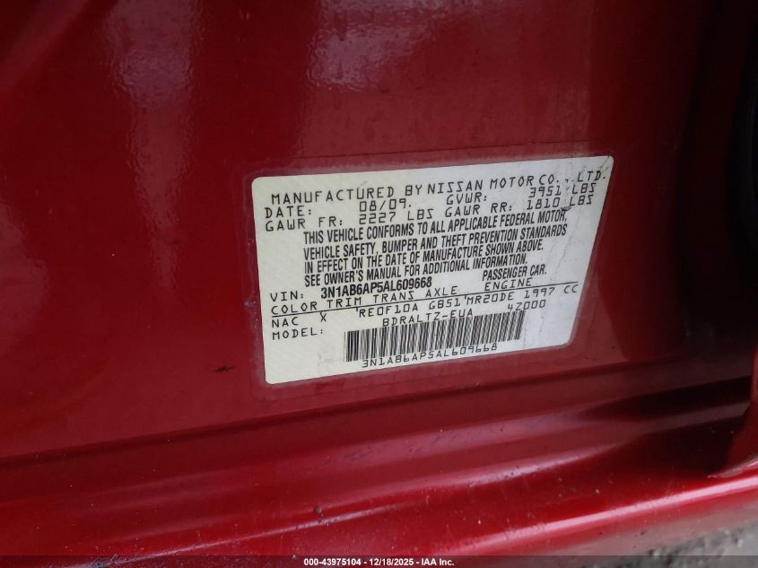 2010 Nissan Sentra 2.0S VIN: 3N1AB6AP5AL609668 Lot: 43975104