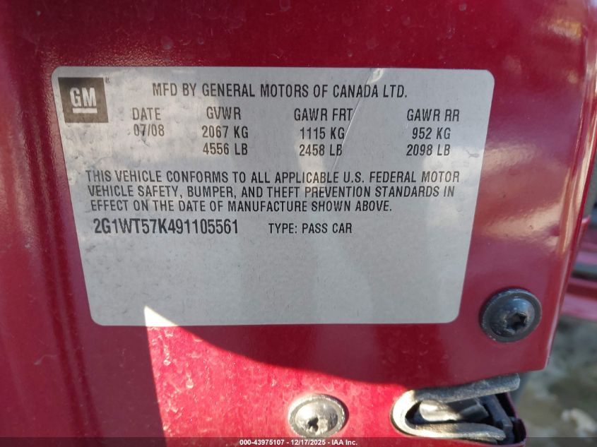 2009 Chevrolet Impala Lt VIN: 2G1WT57K491105561 Lot: 43975107