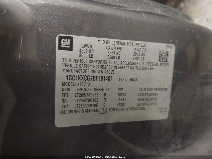 2011 Chevrolet Silverado 2500Hd Lt VIN: 1GC1KXCG7BF101407 Lot: 43975108