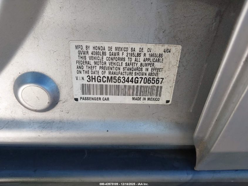 2004 Honda Accord 2.4 Lx VIN: 3HGCM56344G706567 Lot: 43975109