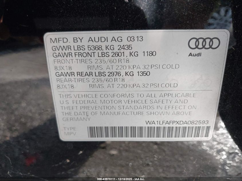 2013 Audi Q5 2.0T Premium VIN: WA1LFAFPXDA082593 Lot: 43975111
