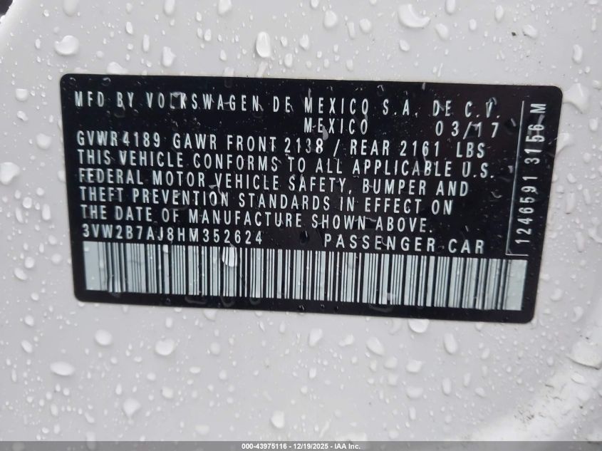 2017 Volkswagen Jetta 1.4T S VIN: 3VW2B7AJ8HM352624 Lot: 43975116