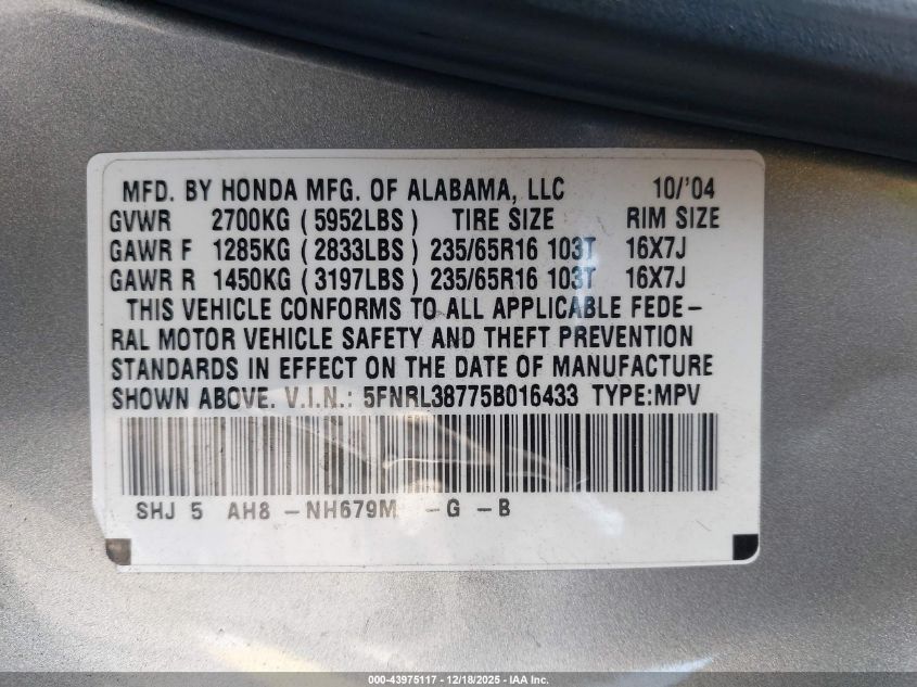 2005 Honda Odyssey Ex-L VIN: 5FNRL38775B016433 Lot: 43975117