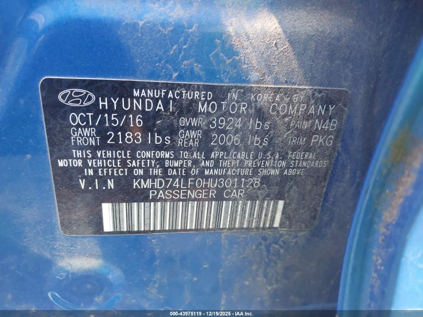 2017 Hyundai Elantra Se VIN: KMHD74LF0HU301128 Lot: 43975119