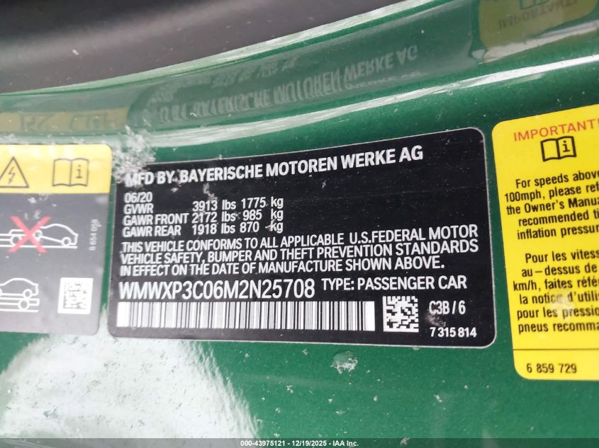 2021 Mini Se Hardtop Cooper VIN: WMWXP3C06M2N25708 Lot: 43975121