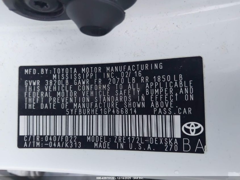 2016 Toyota Corolla S Plus VIN: 5YFBURHE1GP466814 Lot: 43975122