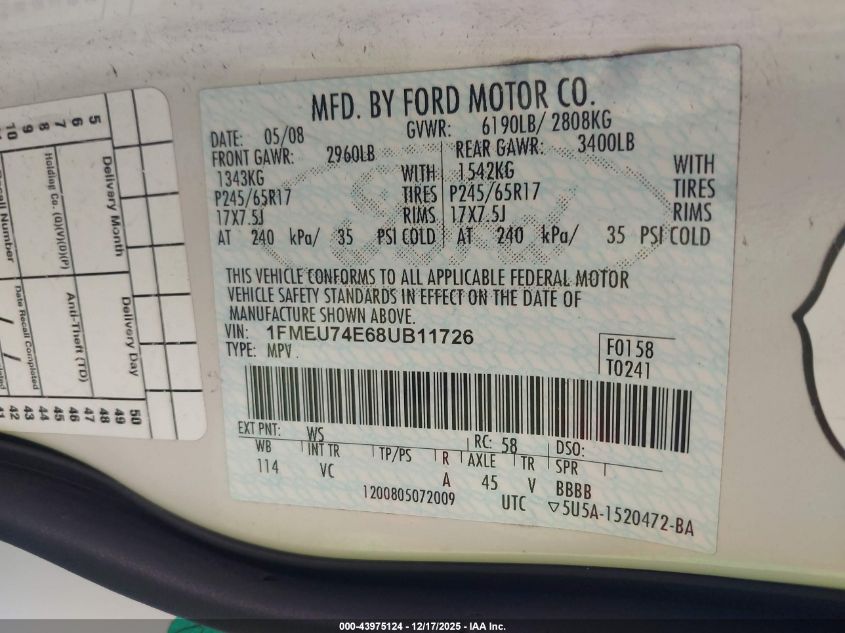 2008 Ford Explorer Eddie Bauer VIN: 1FMEU74E68UB11726 Lot: 43975124