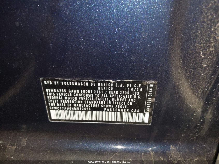 2017 Volkswagen Golf Sportwagen Tsi S/Tsi Se/Tsi Sel VIN: 3VWC17AU6HM513635 Lot: 43975128