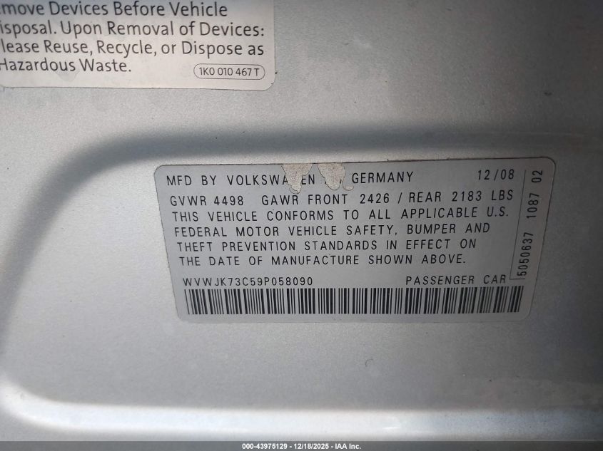 2009 Volkswagen Passat Komfort VIN: WVWJK73C59P058090 Lot: 43975129