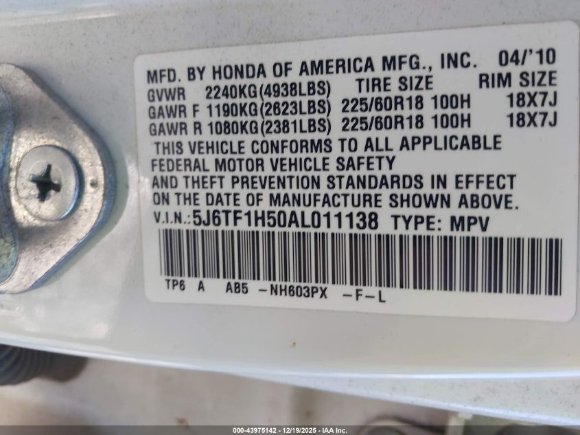 2010 Honda Accord Crosstour Ex-L VIN: 5J6TF1H50AL011138 Lot: 43975142