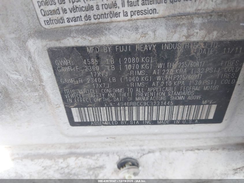 2012 Subaru Outback 2.5I Premium VIN: 4S4BRBCC9C3231445 Lot: 43975147