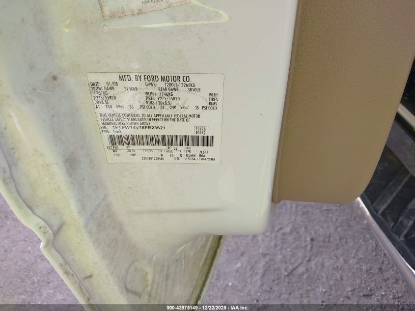 2008 Ford F-150 60Th Anniversary/Fx4/King Ranch/Lariat/Xlt VIN: 1FTPW14V78FB23621 Lot: 43975149