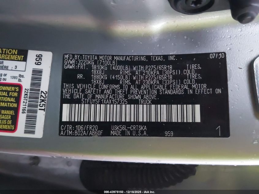 2010 Toyota Tundra Grade 5.7L V8 VIN: 5TFUY5F1XAX157325 Lot: 43975150