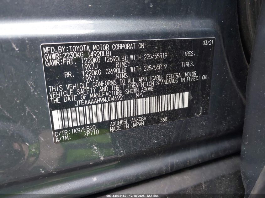 2021 Toyota Venza Xle VIN: JTEAAAAH9MJ046921 Lot: 43975152