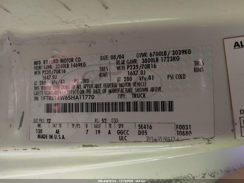 2005 Ford E-150 Commercial/Recreational VIN: 1FTRE14W65HA11770 Lot: 43975154