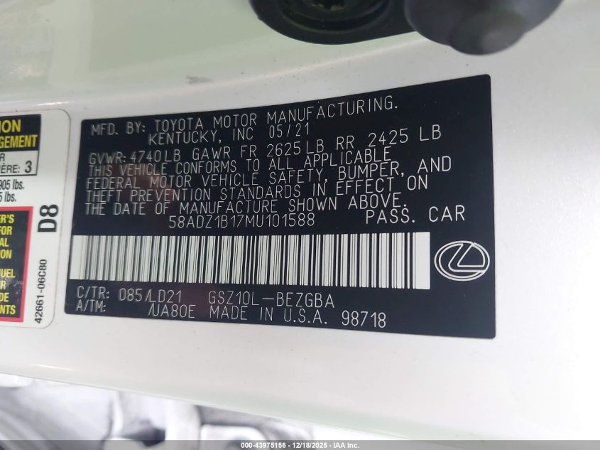 2021 Lexus Es 350 VIN: 58ADZ1B17MU101588 Lot: 43975156