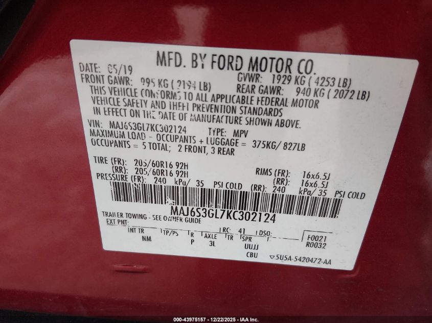 2019 Ford Ecosport Se VIN: MAJ6S3GL7KC302124 Lot: 43975157