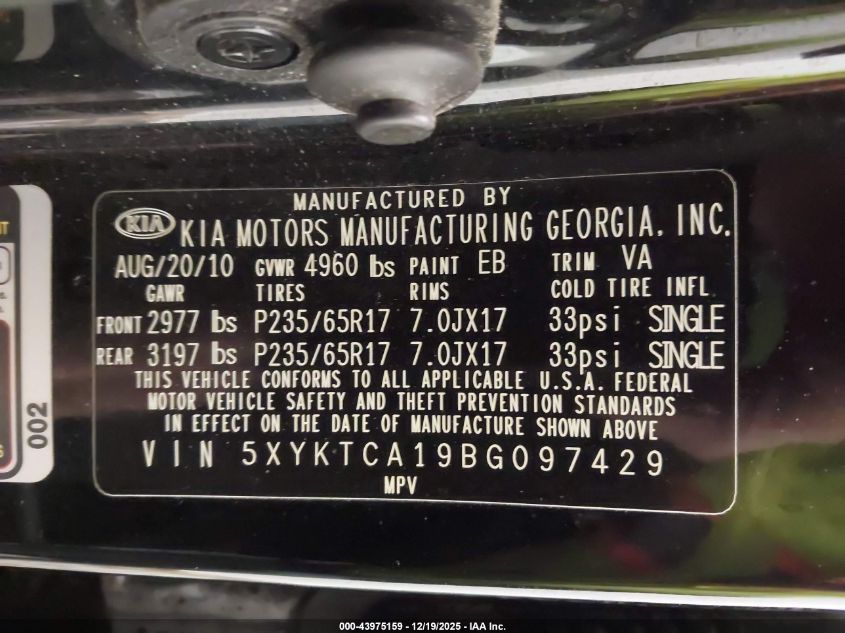 2011 Kia Sorento Lx VIN: 5XYKTCA19BG097429 Lot: 43975159